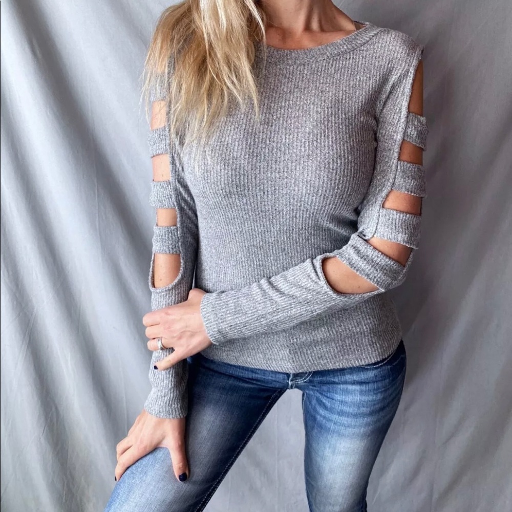 Ladder Cutout Caged Long Sleeve Hacci Knit Top